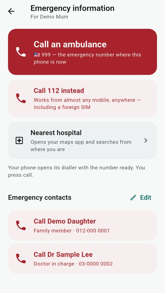 Emergency information screen