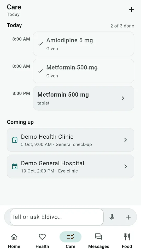Care screen with the day's tasks in order